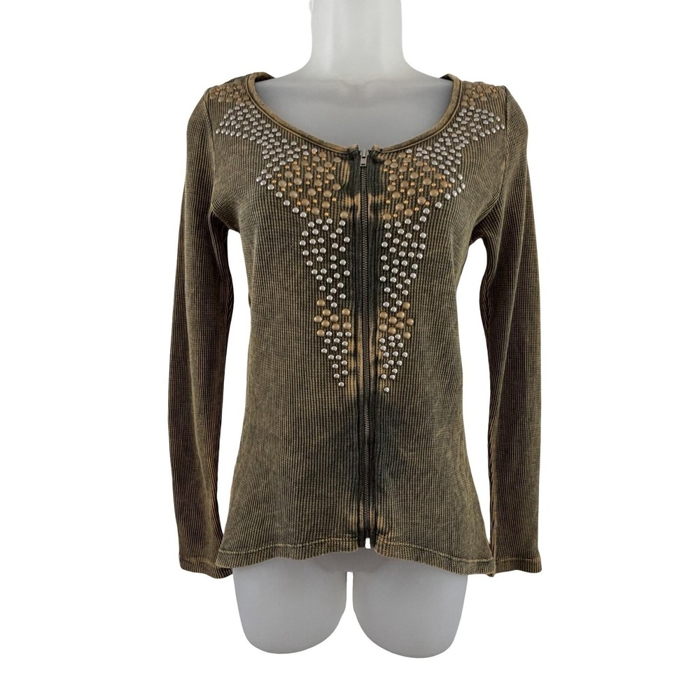 Mandee Shirt Womens Small Green‎ Sheer Lace Back Studded Zip Tunic Top Y2K Goth